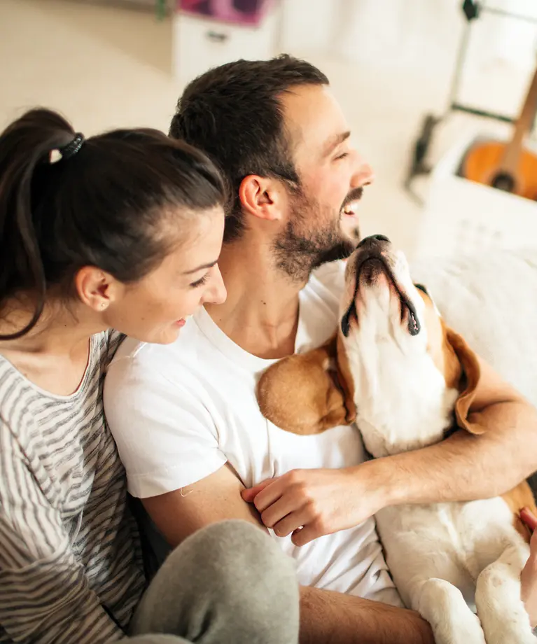 Ein Paar mit Hund sitzt glücklich auf dem Sofa ihrer Wohnung.