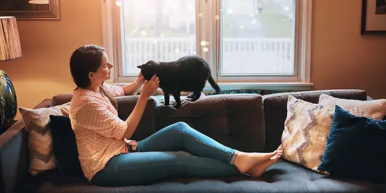 Eine Frau sitzt auf der Couch mit ihrer Katze, die durch eine Krankenversicherung sinnvoll abgesichert ist.